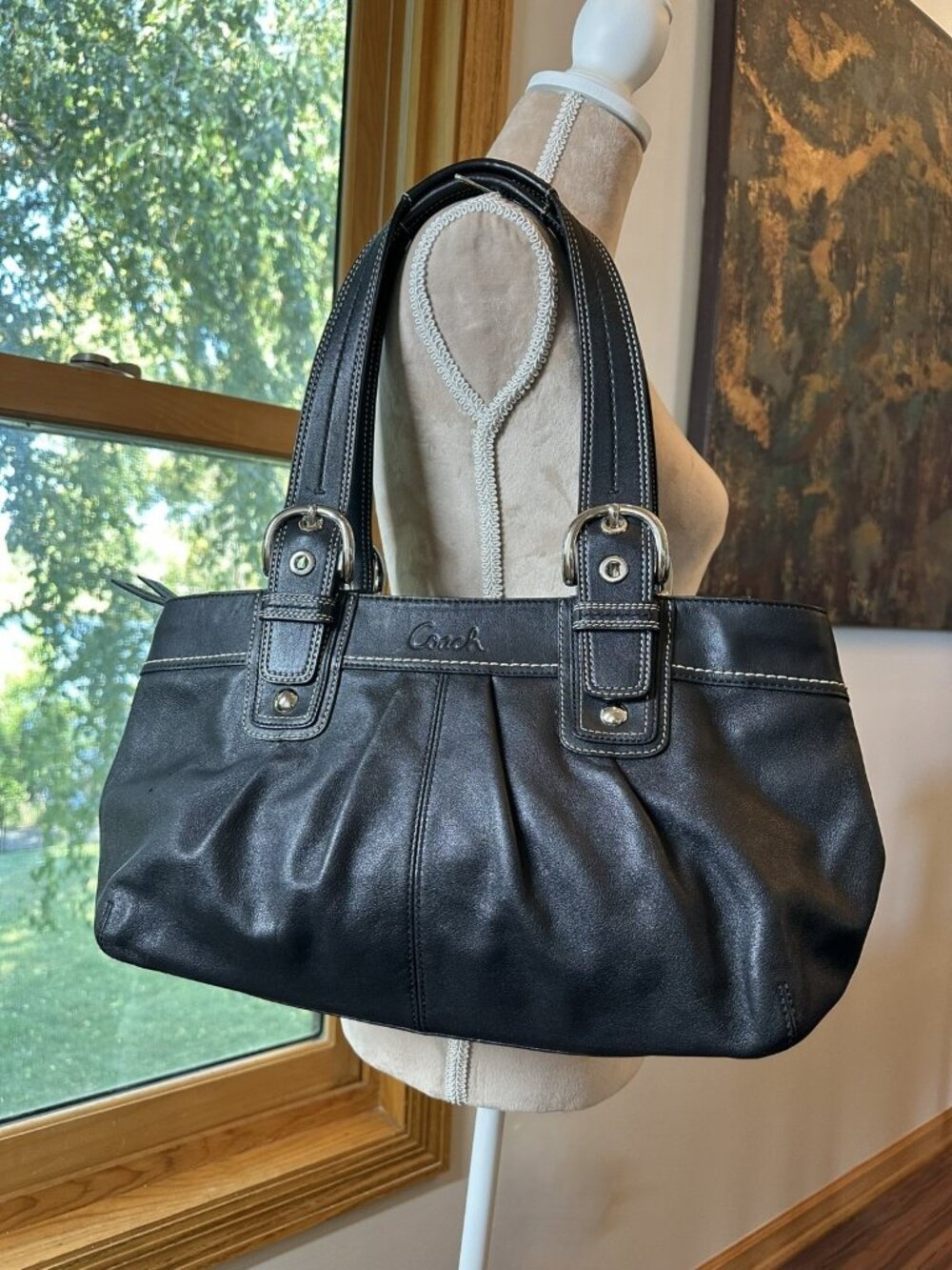 Coach Soho Black Leather Pleated Tote Shoulder Bag Silver Buckles F13732 Purse